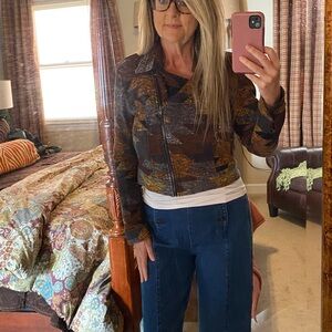 LuLaRoe Brown Gray Gold Patterned Zip Front Jacket